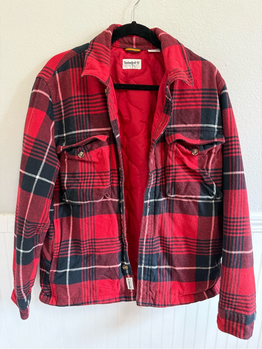 Timberland 100% Cotton Red & Black Plaid Quilted-Lined Men's Field Jacket